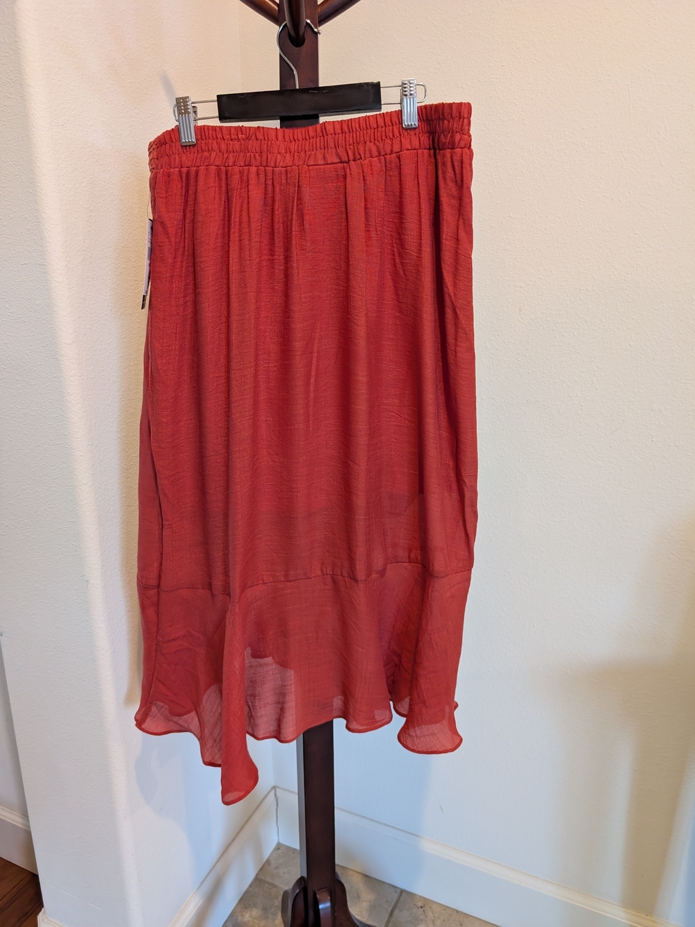 Rust Red Ruffled Midi Skirt - Size L, NEW - Picture 2 of 7